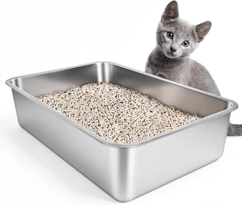 Vista 9 de IKITCHEN Caja de arena de acero inoxidable para gatos, bandeja de arena de metal grande para gatos, caja de arena para gatos nunca absorbe olores
