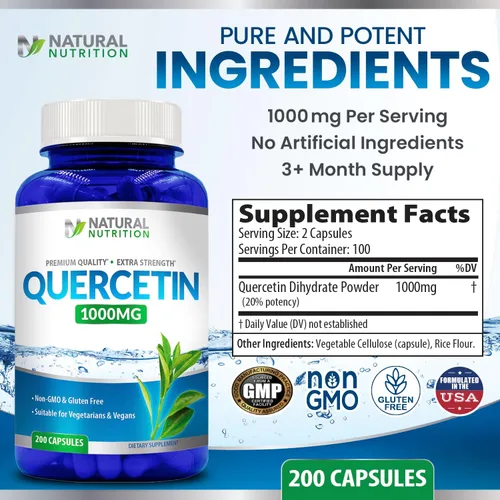Vista 5 de Vitamina natural Quercetina Máxima Fuerza 1000mg 200 Cápsulas Sin Gluten Sin OMG