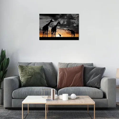 Vista 2 de Lienzo decorativo para pared, diseño de jirafas, diseño de paisaje de atardecer dorado de África, impresiones de animales en blanco y negro