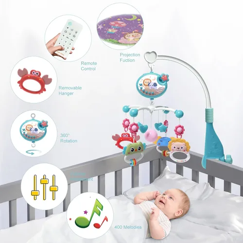 Vista 3 de YUNGCHI Móvil de bebé para cuna con juguetes de cuna, música y luces para paquete y paly cuna carrusel musical móvil móvil para niñas y niños, móvil