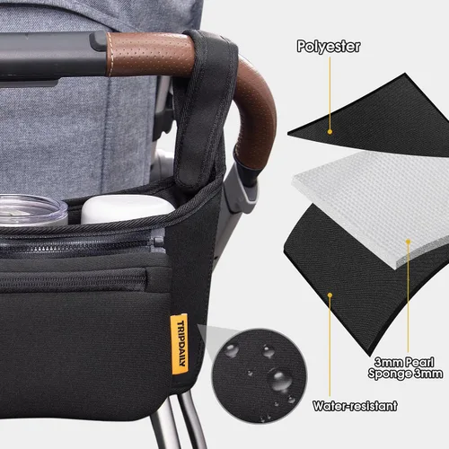 Vista 5 de Organizador de cochecito, correas antideslizantes con portavasos aislado para UPPABABY, bolsa desmontable para teléfono, bolsa organizadora