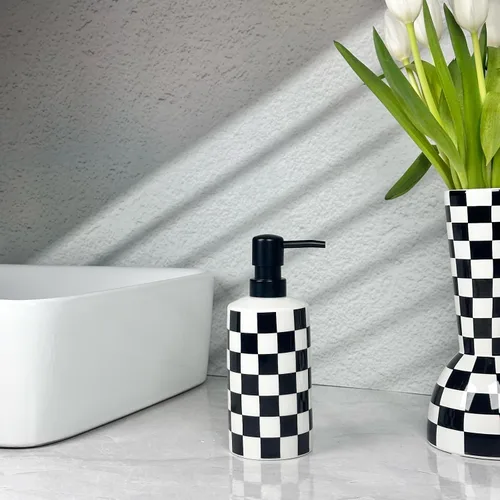 Vista 4 de Dispensador de jabón de manos, dispensador de jabón de baño con bomba de acero inoxidable, botellas de loción de loción de cerámica en blanco y Negro