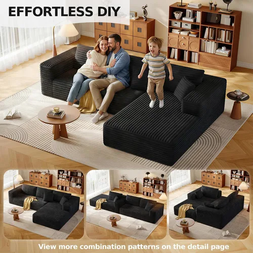 Vista 6 de Sofá modular de 108.2 pulgadas con asiento profundo, sofá de pana en forma de L sin hueso, comodidad moderna, sofá nube de gran tamaño para sala