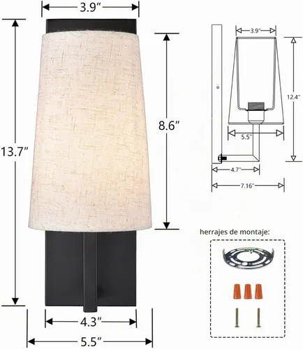Vista 5 de Juego de dos apliques de pared negros de granja modernos con cable de 1 luz negra mate con pantalla de tela, iluminación de pared para dormitorio