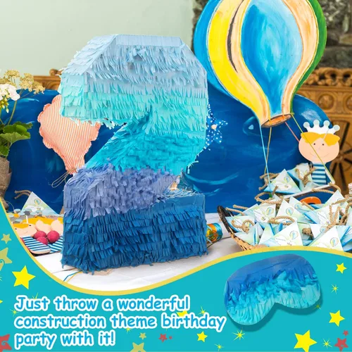 Vista 5 de Sratte Piñata Número 1 2 3 4 5 6 7 8 9 con Palo, Venda para los Ojos, Confeti, Piñata Azul Degradado para Niños y Niñas Fiestas de Cumpleaños