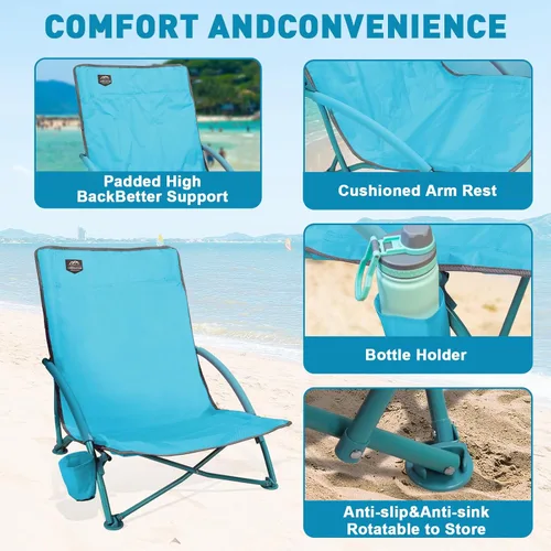 Vista 4 de Paquete de 2 sillas bajas de playa, sillas reclinables plegables para adultos, sillas de camping ligeras de asiento bajo con soporte para tazas, Azul