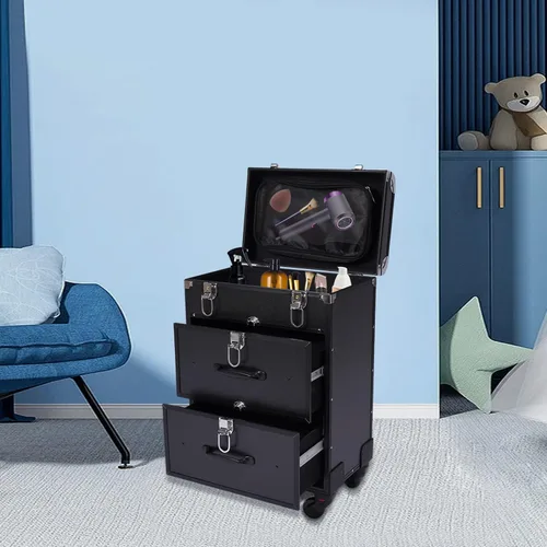 Vista 3 de Caja de tren de maquillaje rodante, caja de almacenamiento de maquillaje de 3 capas, carrito cosmético grande con cerraduras, organizador de Negro