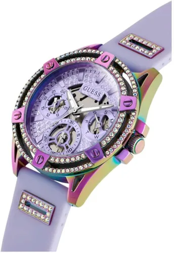 Vista 6 de GUESS Reloj para mujer de 1.57 pulgadas, correa morada, esfera lavanda, caja iridiscente, Púrpura