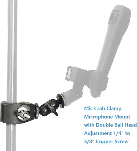 Vista 3 de Soporte de clip de cangrejo para micrófono con ajuste de cabeza de bola doble de 1/4 a 5/8 pulgadas, compatible con la mayoría de micrófonos