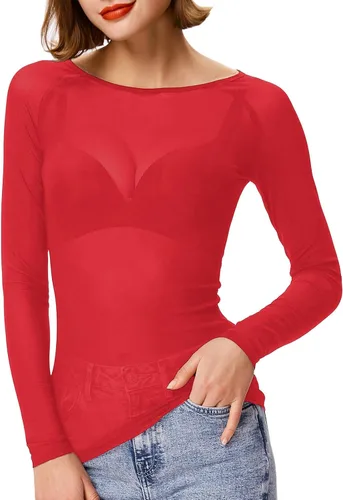 Vista 14 de Kate Kasin Tops de malla para mujer, camisas transparentes de manga larga Negro