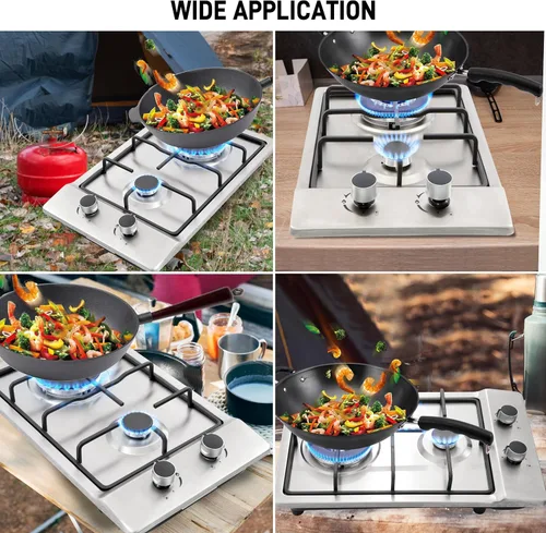 Vista 7 de Cocina de gas de 12 pulgadas, estufa de gas integrada de 2 quemadores de acero inoxidable con kit de conversión de NG/LPG, protección de termopar