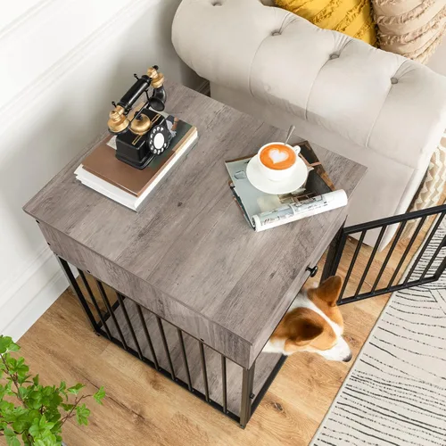 Vista 4 de HOOBRO Muebles de jaula para perros, casa de madera para perros, perrera decorativa con cajón, mesa auxiliar de jaula de interior para perros