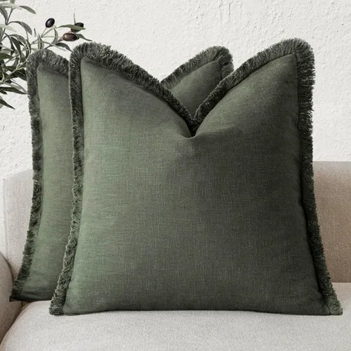 Vista 23 de Foindtower Fundas de almohada decorativas de lino con flecos de 16 x 16 Verde abundante