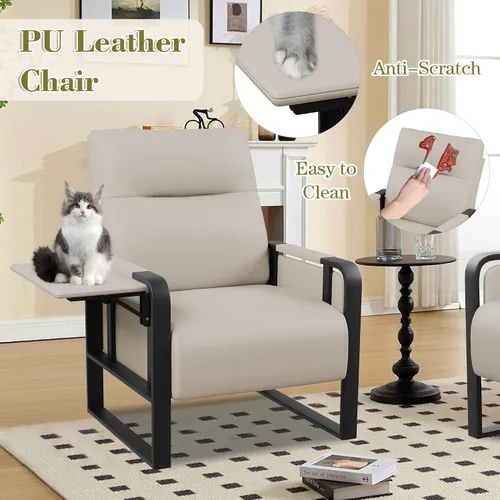 Vista 7 de Silla de Acento Moderna Tapizada en Cuero PU Sillón con Mesa de Bandeja para Dormitorio Sala de Estar Sillas Silla de Oficina Beige