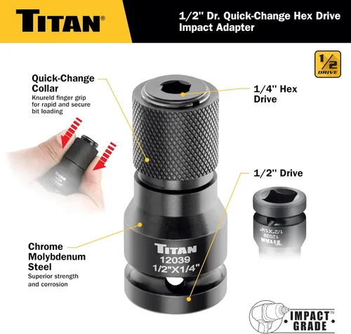 Vista 3 de Titan 12039 Adaptador de cambio rápido de 1/2" de accionamiento a 1/4" hexagonal