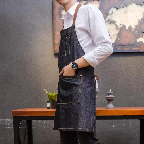 Vista 4 de Delantal de mezclilla unisex ajustable con múltiples bolsillos para chef cocina, barbacoa y estudio