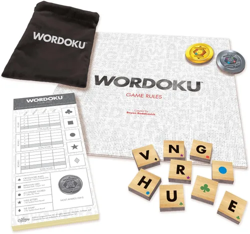 Vista 6 de Wordoku Fun Spelled Out - Crucigrama Sudoku Word Puzzle Juego de mesa para juego familiar, juego de cerebro nocturno con azulejos de madera de 1 a 6