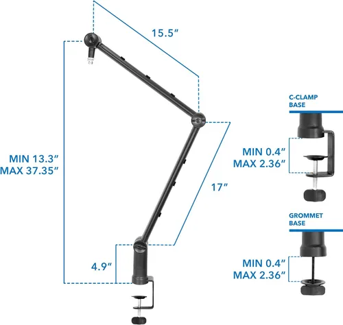 Vista 5 de MOUNT-IT! Brazo de boom ajustable para micrófono [Adaptador de tornillo de 3/8’’ a 5/8’’] Soporte de micrófono de tijera en suspensión, montaje