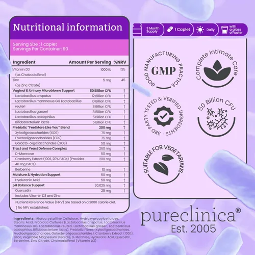 Vista 2 de pureclinica Veev Flora íntima - Soporte para microbioma vaginal e intestinal - 50 mil millones de UFC - Probióticos, prebióticos, arándano