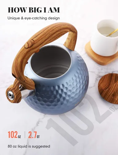 Vista 3 de BELANKO - Tetera de acero inoxidable de 2.7 cuartos de galón para estufa, de grado alimenticio con mango de patrón de madera, con silbido fuerte