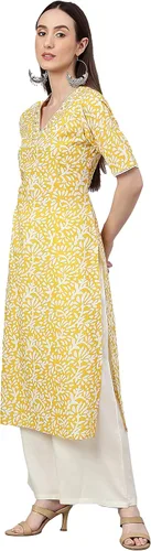 Vista 5 de Janasya Indian Cambric - Pantalones cortos rectos con estampado de algodón amarillo para mujer