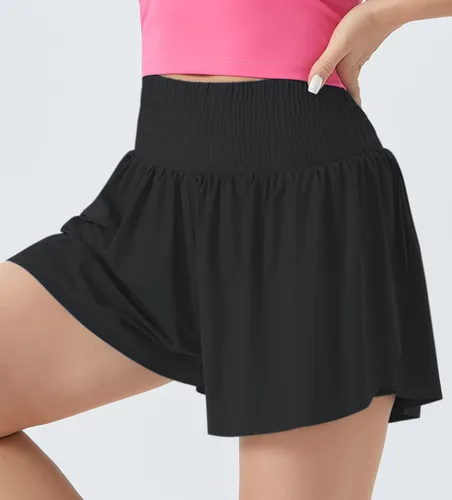 Vista 2 de Wjustforu Pantalones cortos de correr fluidos para mujer, para gimnasio, yoga, entrenamiento, pantalones cortos deportivos con pantalones cortos