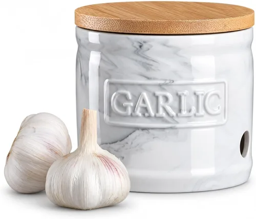 Vista 10 de ONEMORE Soporte de ajo con tapa, recipiente de ajo de cerámica de 4 pulgadas, azul claro