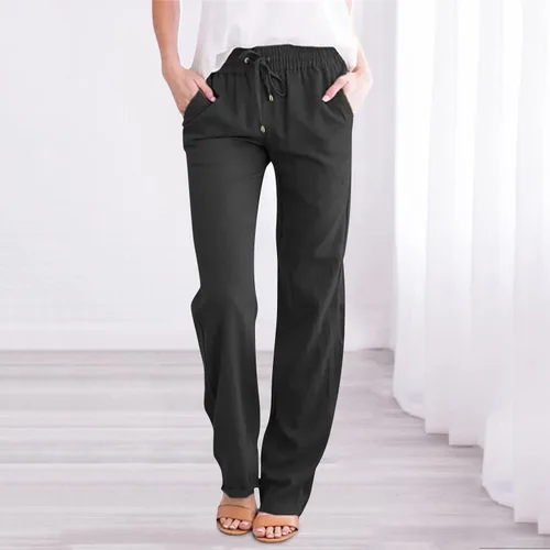 Vista 4 de Pantalones para mujer, a la moda, de mezcla de algodón, pantalones casuales de pierna recta con cordón y bolsillos