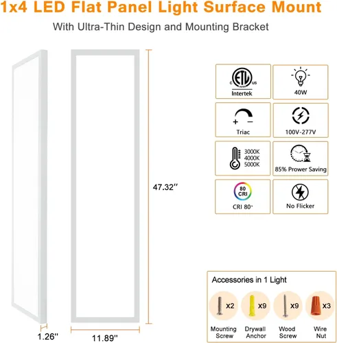 Vista 7 de 1x4 Lámpara plana LED para montaje en superficie, 3000K-4000K-5000K seleccionable y regulable con triac, lámpara de techo empotrada de 12x48