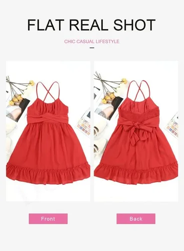 Vista 4 de Dokotoo Vestidos de tirantes delgados para mujer, cuello redondo, lazo, sin mangas, cintura elástica, dobladillo con volantes, acampanado
