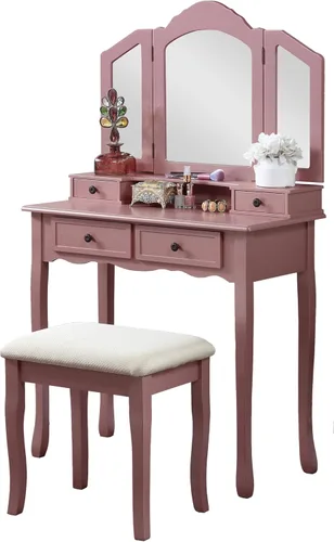 Vista 10 de Roundhill Furniture, Sanlo - Juego de tocador y banco de madera, blanco