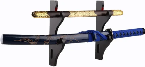 Vista 6 de Soporte de espada Katana de montaje en pared, 1 par de terciopelo acolchado ajustable gancho soporte de exhibición Samurai Sword Hanger sable de luz