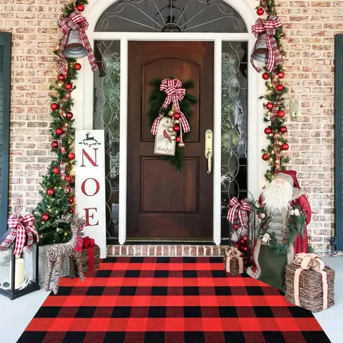 Vista 14 de Bottalive Alfombra de Navidad a Cuadros para Exteriores, 2' x 4'3'' Roja y Negra a Cuadros, Alfombra de Área para Interiores/Exteriores, Alfombra