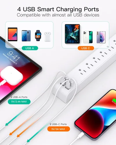 Vista 3 de Paquete de 2 regletas protectoras contra sobretensiones, 6 tomas, 4 puertos USB (2 USB C) cables de extensión de 5 pies de largo, tira de salida
