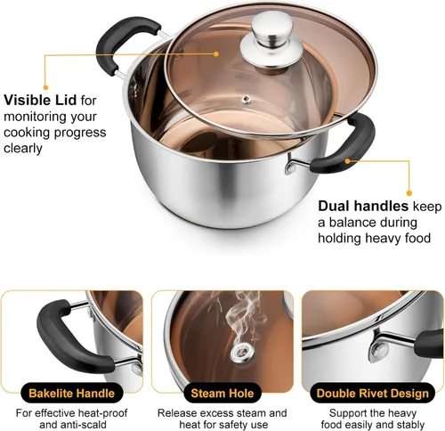 Vista 2 de P&P CHEF Olla de 3 cuartos de galón con tapa, olla de cocina de acero inoxidable para sopa, asas dobles a prueba de calor con tapa visible, apta