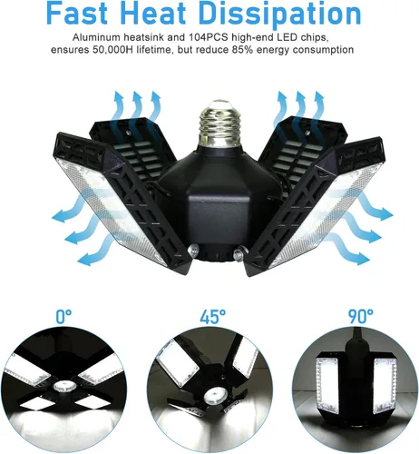 Vista 6 de Luz LED para garaje, 150 W, techo de garaje deformable, 15000 lm, 4 paneles ajustables, luces de tienda E26/E27 para sótano, granero, taller, luz