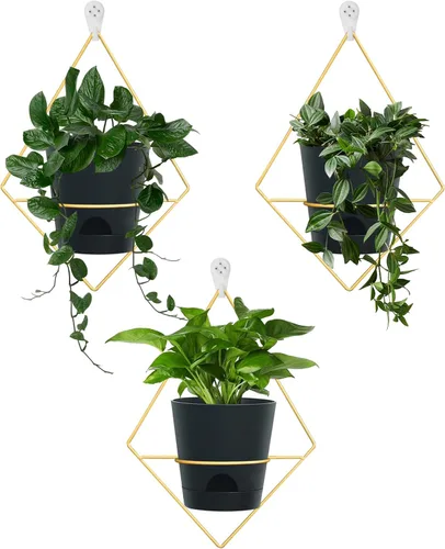 Vista 9 de Koalaime 3 juegos de macetas de pared para plantas de interior, macetas colgantes geométricas para plantas de interior, macetas de riego automático