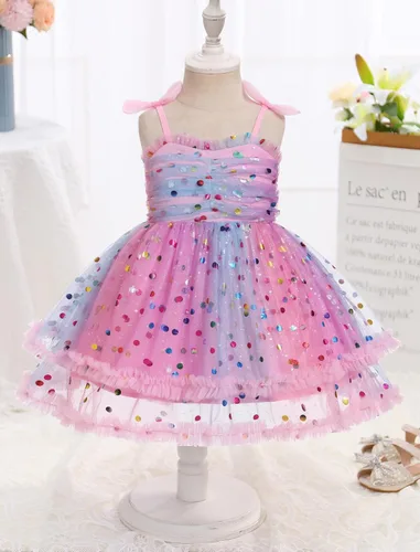 Vista 3 de IMEKIS Toddler Baby Girls Birthday Dress Rainbow Confetti Dots Tiered Tulle Dress Cake Smash Photo Shoot Outfit 1-6T