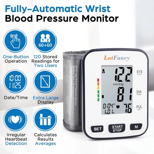 Vista 2 de LotFancy - Monitor de presión arterial para muñeca, 2 modos de usuario, muñeca de 5.3 a 8.5 pulgadas, aprobado por la FDA, funda incluida.