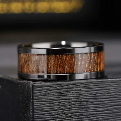 Vista 3 de THREE KEYS JEWELRY 6,8mm Black/White Ceramic Wedding Ring with Real Koa Wood Inlay Flat Top Wedding Band Engagement Ring Comfort Fit Size 4-16