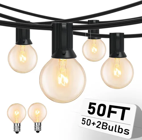 Vista 10 de Luces de Cadena Blancas para Exteriores de 50 Pies con 20 Bombillas Transparentes, Luces de Cadena de Patio Globo G40 para Interiores/Exteriores