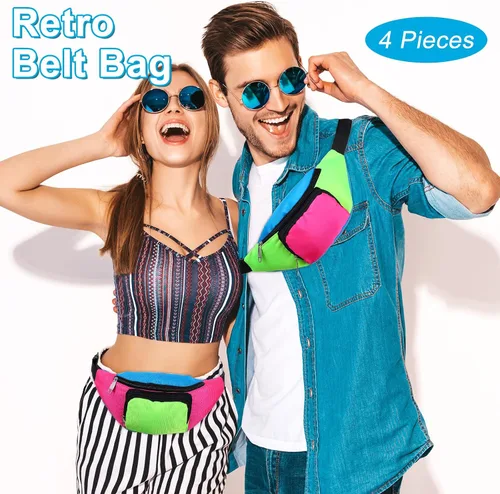 Vista 7 de 4 unidades retro de neón de los años 80 y 90 Fanny 2 bolsillos retro riñonera de neón pequeña riñonera de neón de los años 90 disfraces para mujeres