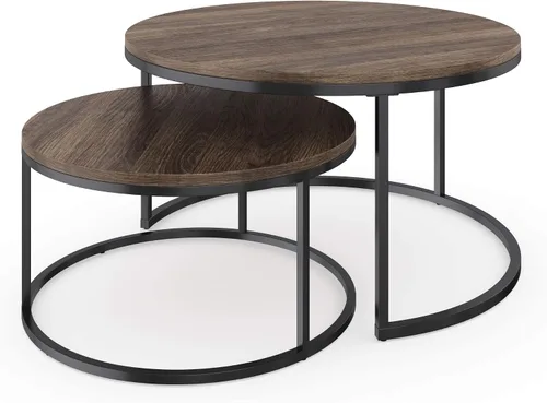 Vista 8 de Nathan James Stella - Juego de 2 mesas de café redondas y modernas, apilables, para sala de estar, con acabado de madera industrial y marco de metal