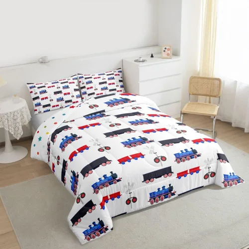 Vista 6 de Erosebridal Juego de ropa de cama de tren de dibujos animados para niños y niños, edredón de plumón de vehículos para niños, decoración