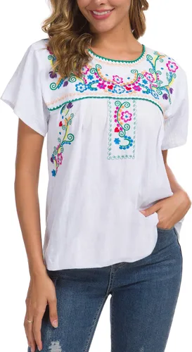 Vista 5 de YZXDORWJ - Blusa mexicana bordada para mujer - Camisa de verano manga corta