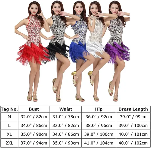 Vista 3 de Vestido de flecos para mujer, cuello alto, lentejuelas con purpurina, vestidos de baile latino, vestido de baile vintage de los años 20 para adultos