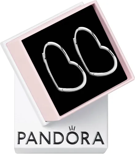Vista 2 de PANDORA Aretes de aro con forma de corazón asimétrico, aretes clásicos para mujer, gran regalo para ella, hechos con plata de ley, con caja