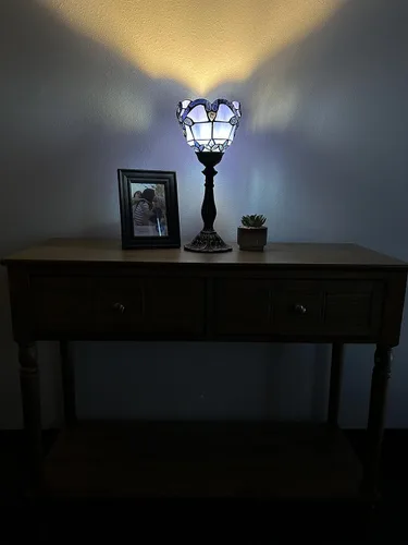Vista 3 de Tiffany - Mini lámpara de mesa con antorcha azul, estilo barroco, lavanda, vitral, incluida, bombilla LED para sala de estar, comedor, dormitorio