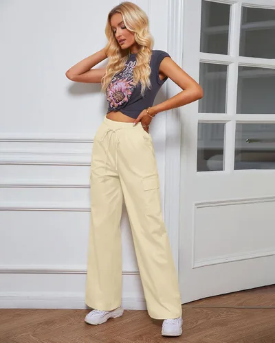 Vista 3 de GRAPENT Pantalones cargo para mujer, pierna ancha, holgados, tiro alto, cintura elástica, pantalones sueltos con bolsillo, traje de los años 90, Y2K