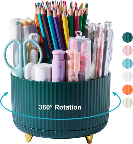 Vista 14 de Organizador de escritorio para lápices y bolígrafos, 5 ranuras, rotación de 360 grados, organizadores de escritorio para lápices y bolígrafos